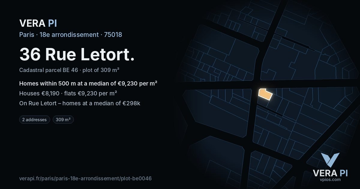 36 Rue Letort, 18e arrondissement at night – the plot lit, the parcels around coloured by the prices near them