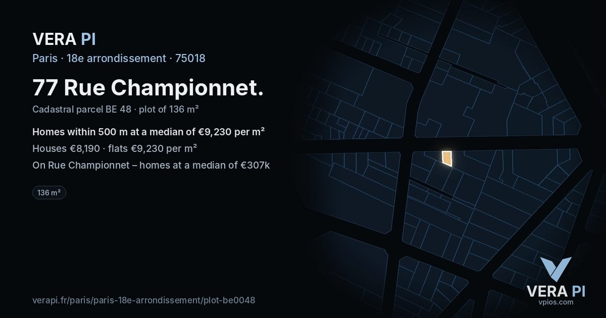 77 Rue Championnet, 18e arrondissement at night – the plot lit, the parcels around coloured by the prices near them