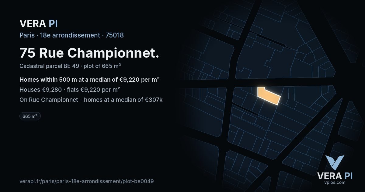 75 Rue Championnet, 18e arrondissement at night – the plot lit, the parcels around coloured by the prices near them