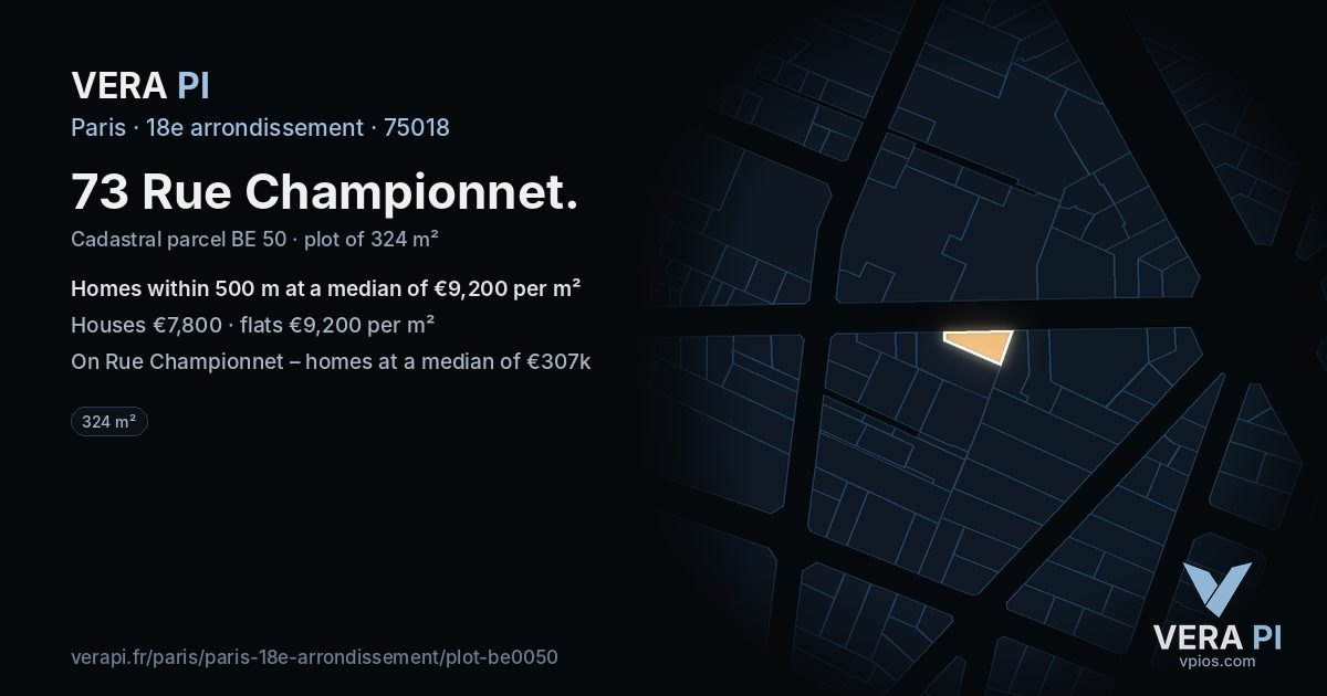 73 Rue Championnet, 18e arrondissement at night – the plot lit, the parcels around coloured by the prices near them