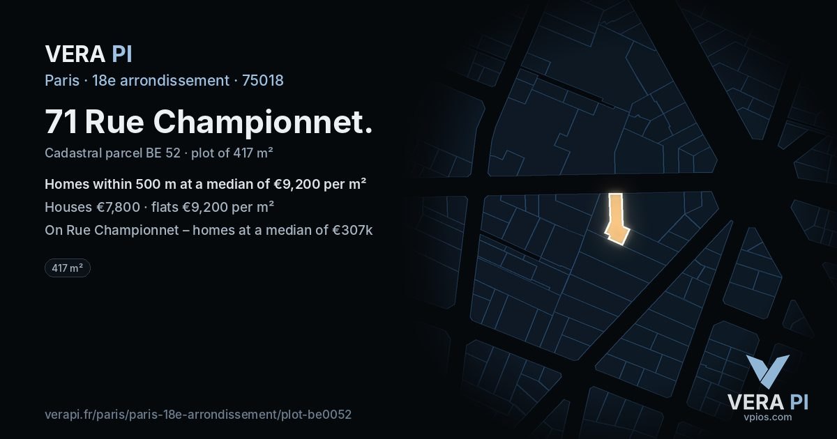 71 Rue Championnet, 18e arrondissement at night – the plot lit, the parcels around coloured by the prices near them
