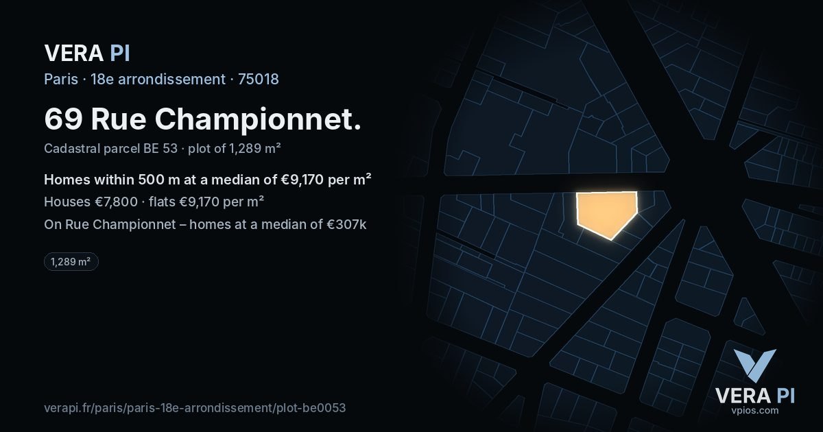 69 Rue Championnet, 18e arrondissement at night – the plot lit, the parcels around coloured by the prices near them