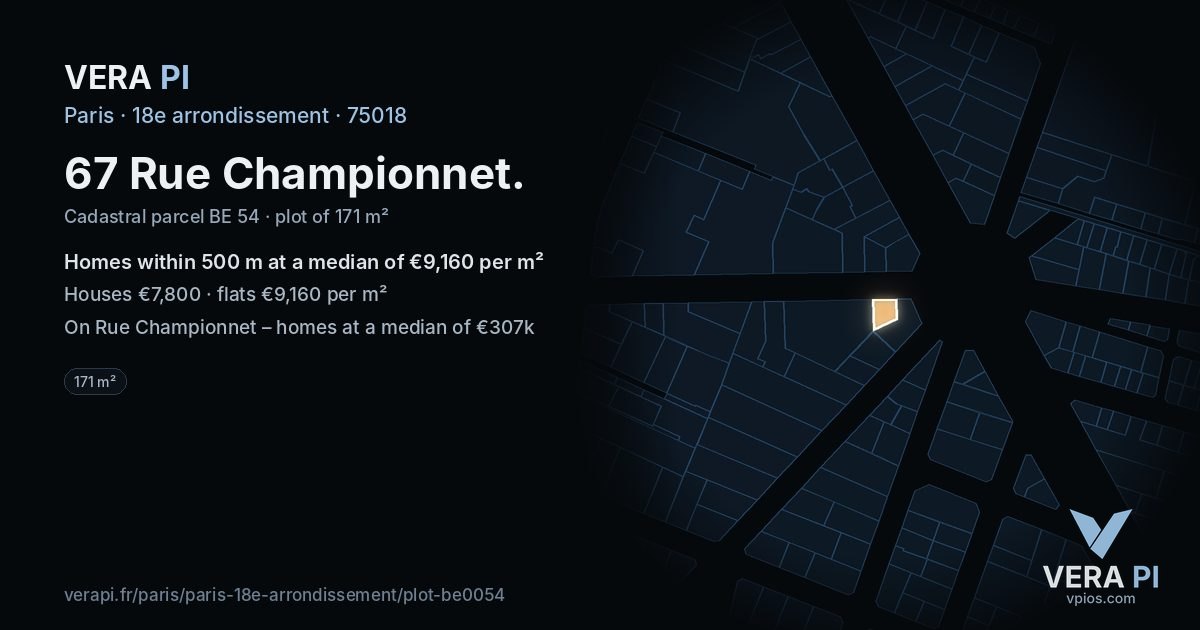 67 Rue Championnet, 18e arrondissement at night – the plot lit, the parcels around coloured by the prices near them