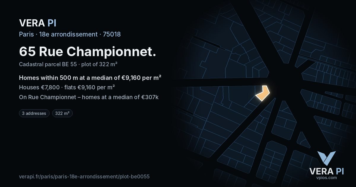 65 Rue Championnet, 18e arrondissement at night – the plot lit, the parcels around coloured by the prices near them