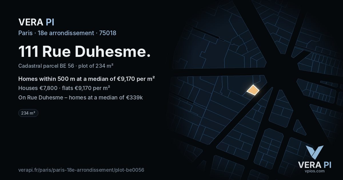 111 Rue Duhesme, 18e arrondissement at night – the plot lit, the parcels around coloured by the prices near them