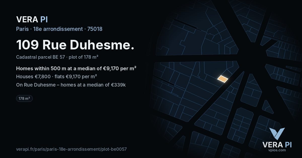 109 Rue Duhesme, 18e arrondissement at night – the plot lit, the parcels around coloured by the prices near them