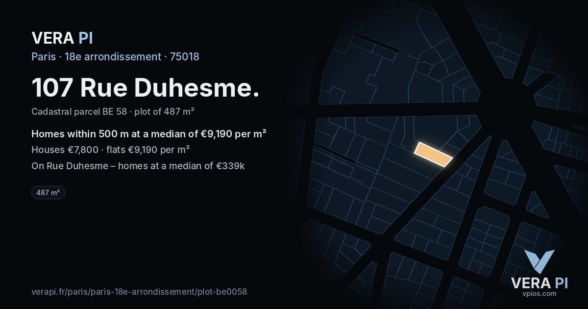 107 Rue Duhesme, 18e arrondissement at night – the plot lit, the parcels around coloured by the prices near them