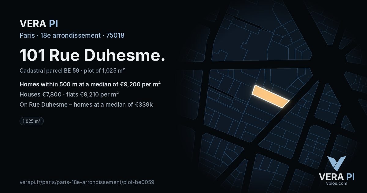 101 Rue Duhesme, 18e arrondissement at night – the plot lit, the parcels around coloured by the prices near them