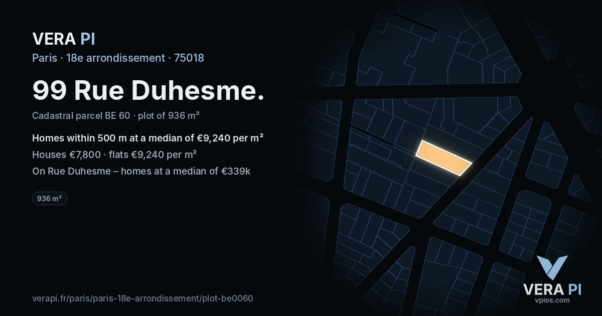 99 Rue Duhesme, 18e arrondissement at night – the plot lit, the parcels around coloured by the prices near them