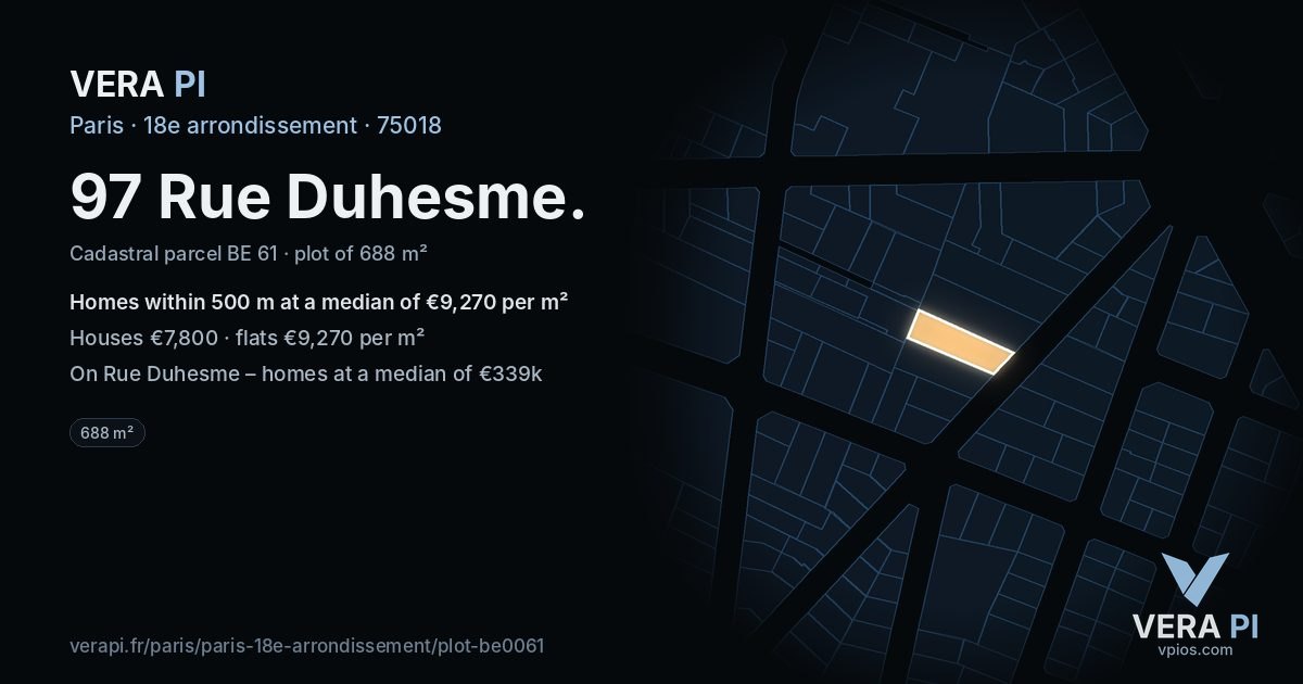 97 Rue Duhesme, 18e arrondissement at night – the plot lit, the parcels around coloured by the prices near them