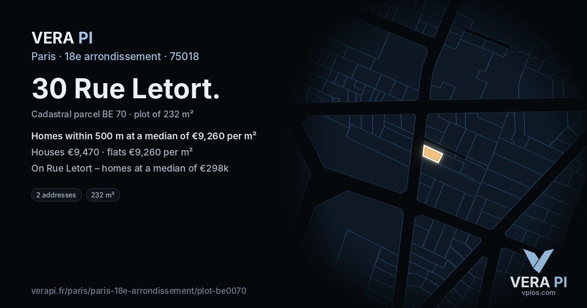 30 Rue Letort, 18e arrondissement at night – the plot lit, the parcels around coloured by the prices near them