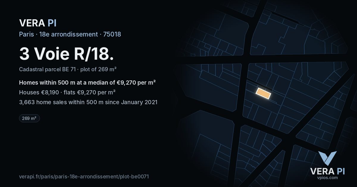 3 Voie R/18, 18e arrondissement at night – the plot lit, the parcels around coloured by the prices near them