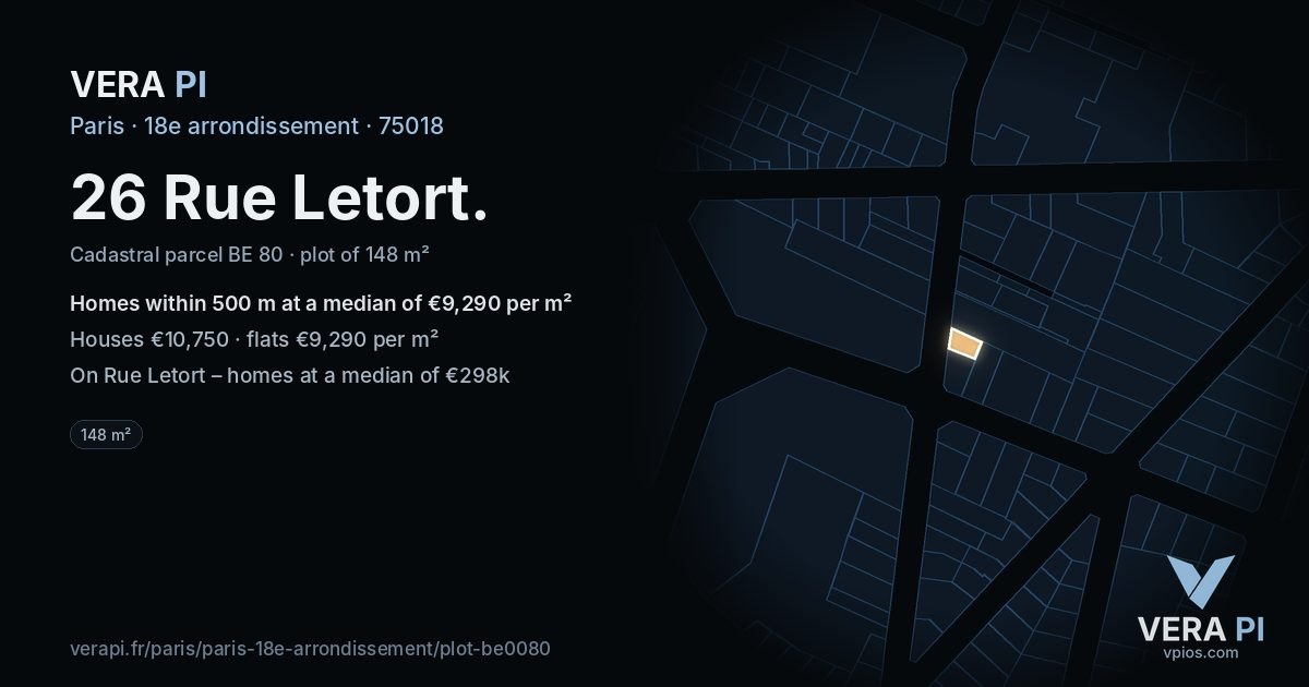 26 Rue Letort, 18e arrondissement at night – the plot lit, the parcels around coloured by the prices near them