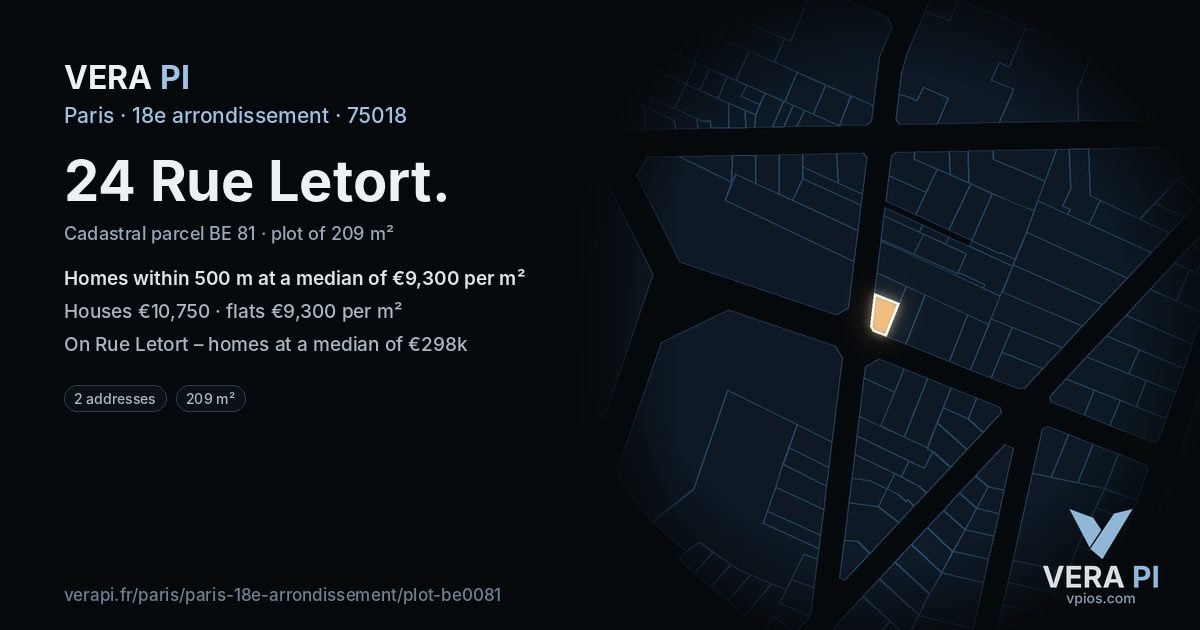 24 Rue Letort, 18e arrondissement at night – the plot lit, the parcels around coloured by the prices near them