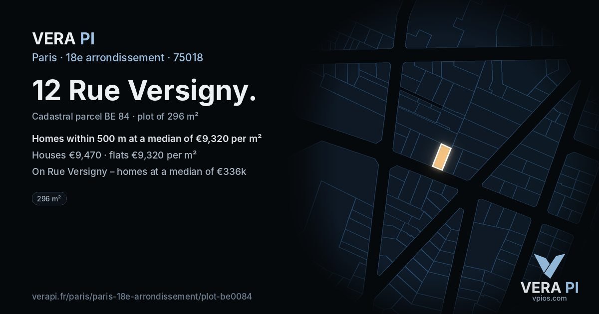 12 Rue Versigny, 18e arrondissement at night – the plot lit, the parcels around coloured by the prices near them