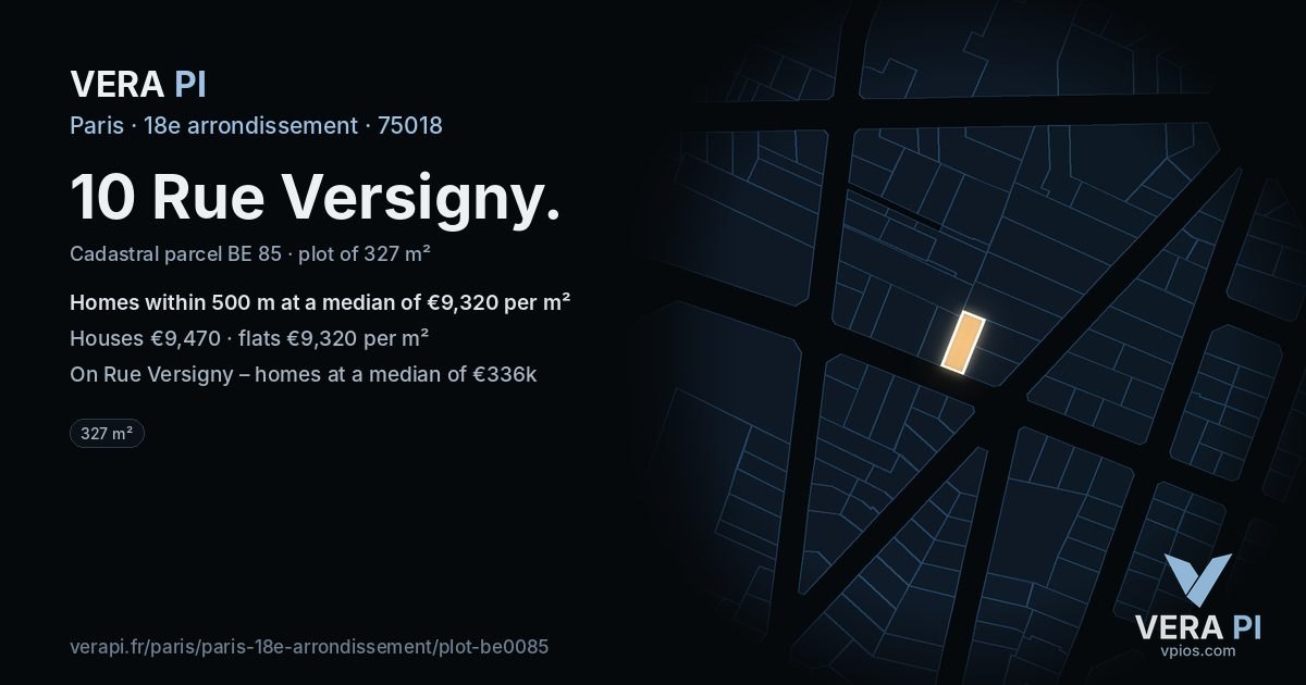 10 Rue Versigny, 18e arrondissement at night – the plot lit, the parcels around coloured by the prices near them