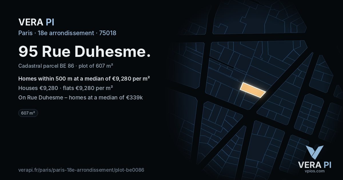 95 Rue Duhesme, 18e arrondissement at night – the plot lit, the parcels around coloured by the prices near them