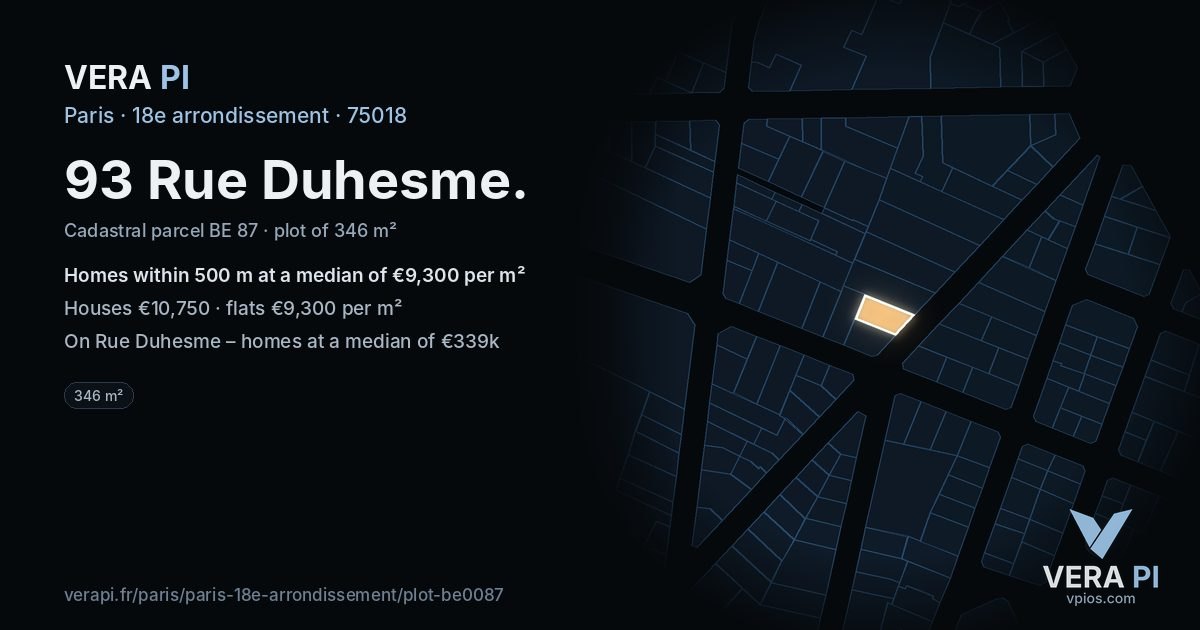 93 Rue Duhesme, 18e arrondissement at night – the plot lit, the parcels around coloured by the prices near them