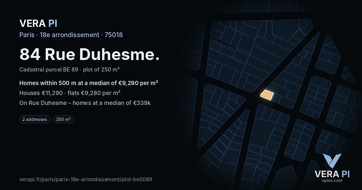 84 Rue Duhesme, 18e arrondissement at night – the plot lit, the parcels around coloured by the prices near them