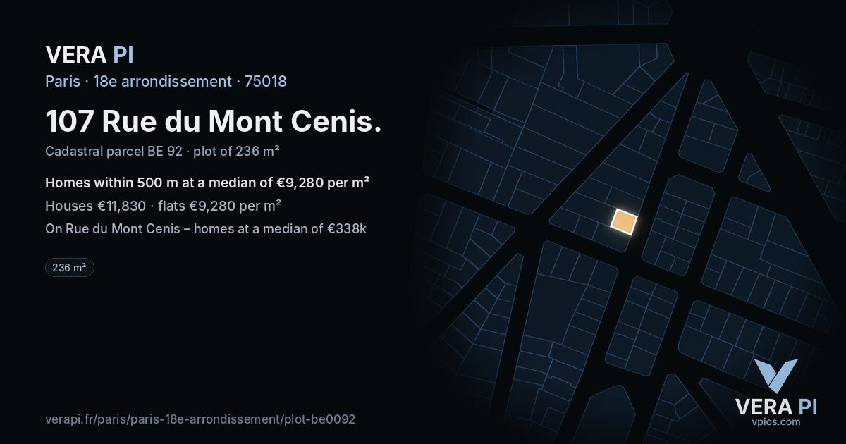 107 Rue du Mont Cenis, 18e arrondissement at night – the plot lit, the parcels around coloured by the prices near them
