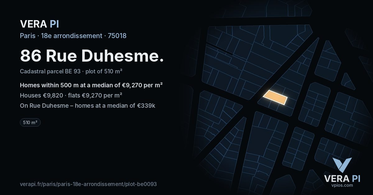 86 Rue Duhesme, 18e arrondissement at night – the plot lit, the parcels around coloured by the prices near them