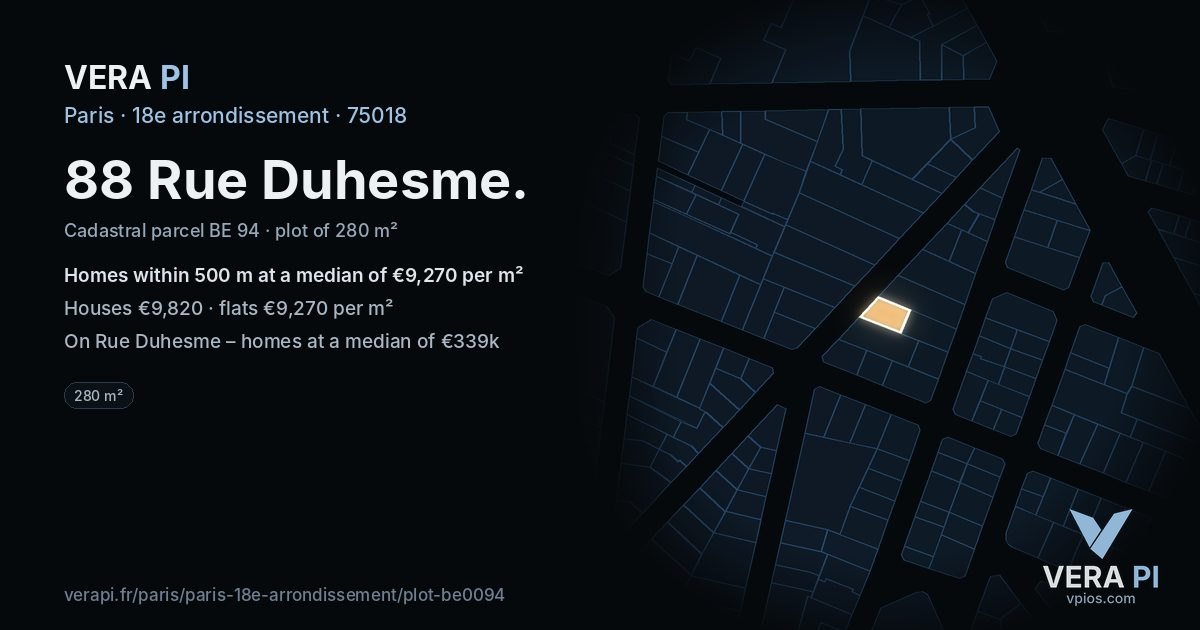 88 Rue Duhesme, 18e arrondissement at night – the plot lit, the parcels around coloured by the prices near them
