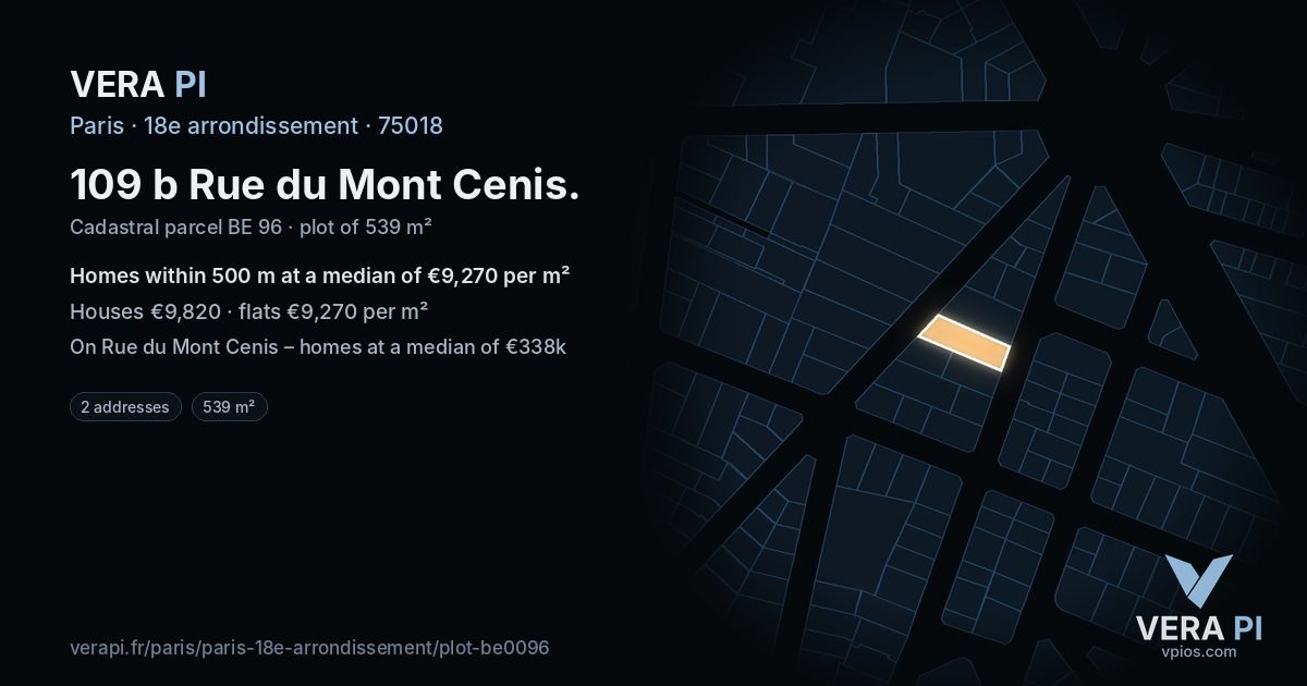 109 b Rue du Mont Cenis, 18e arrondissement at night – the plot lit, the parcels around coloured by the prices near them