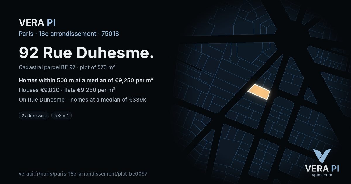92 Rue Duhesme, 18e arrondissement at night – the plot lit, the parcels around coloured by the prices near them