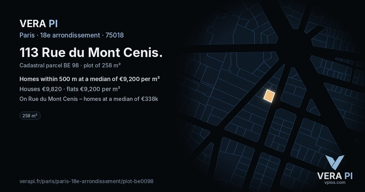 113 Rue du Mont Cenis, 18e arrondissement at night – the plot lit, the parcels around coloured by the prices near them