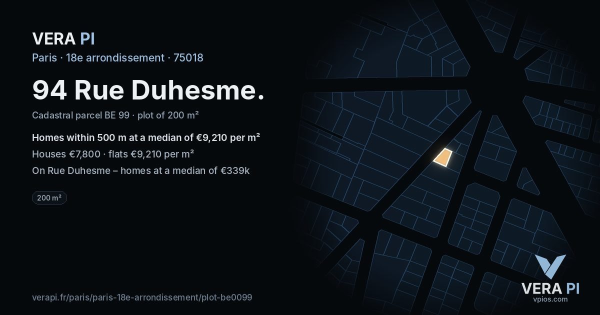 94 Rue Duhesme, 18e arrondissement at night – the plot lit, the parcels around coloured by the prices near them