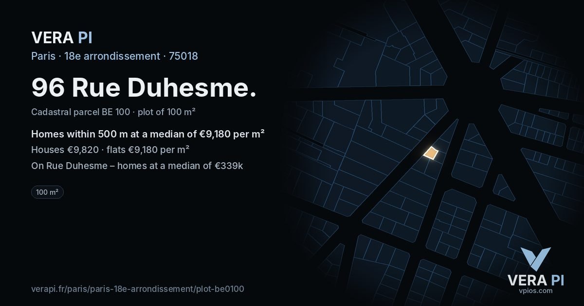 96 Rue Duhesme, 18e arrondissement at night – the plot lit, the parcels around coloured by the prices near them