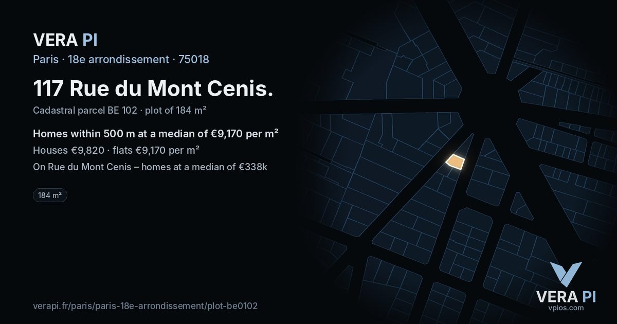 117 Rue du Mont Cenis, 18e arrondissement at night – the plot lit, the parcels around coloured by the prices near them