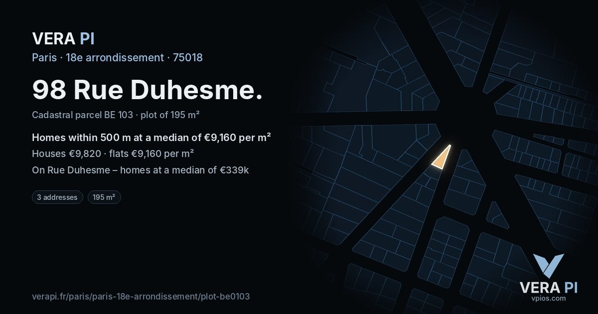 98 Rue Duhesme, 18e arrondissement at night – the plot lit, the parcels around coloured by the prices near them