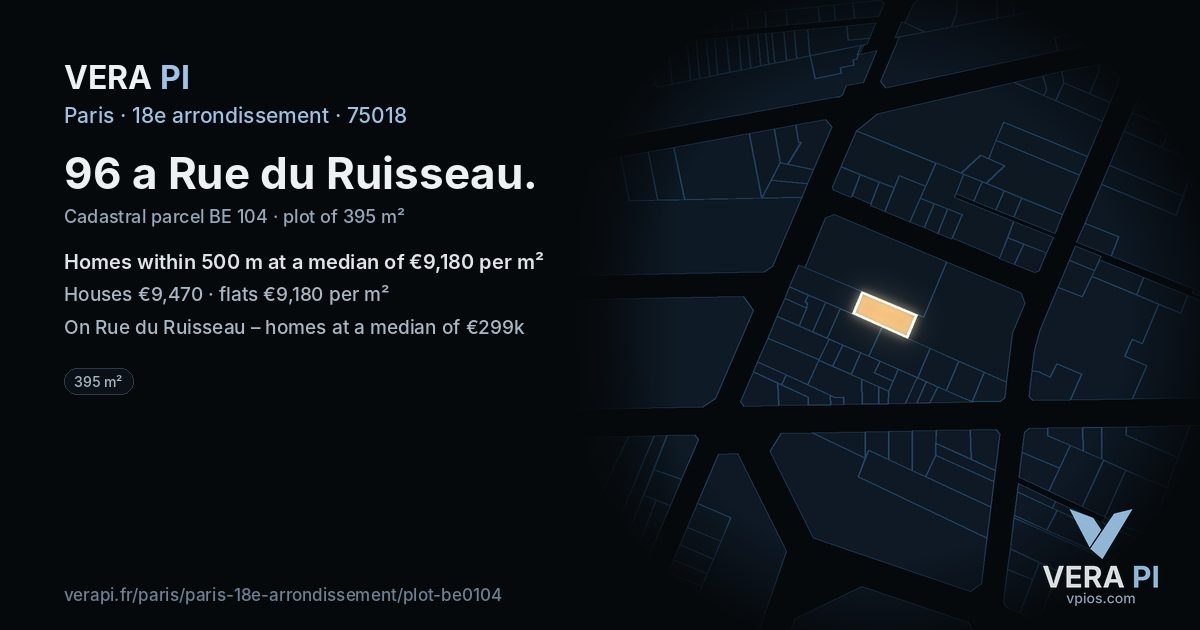96 a Rue du Ruisseau, 18e arrondissement at night – the plot lit, the parcels around coloured by the prices near them