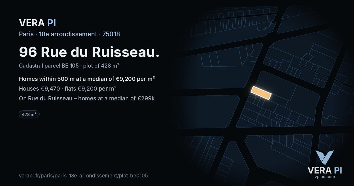 96 Rue du Ruisseau, 18e arrondissement at night – the plot lit, the parcels around coloured by the prices near them