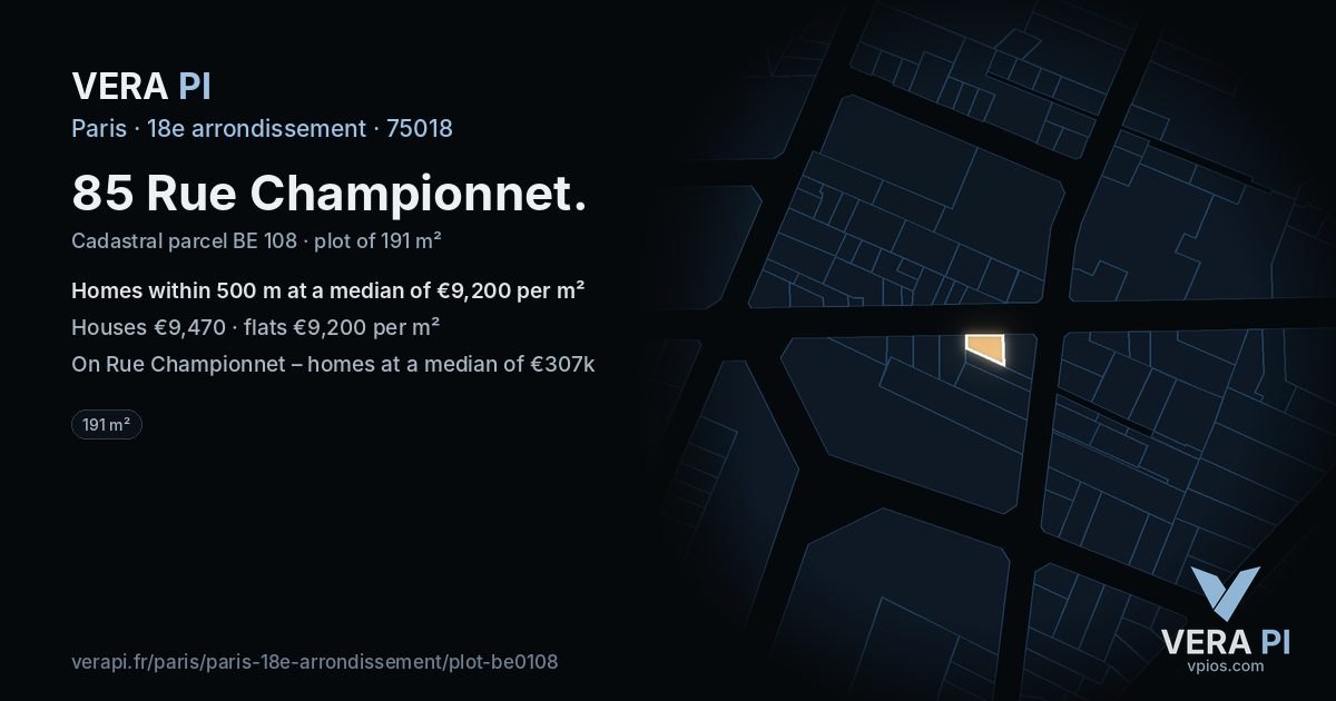 85 Rue Championnet, 18e arrondissement at night – the plot lit, the parcels around coloured by the prices near them