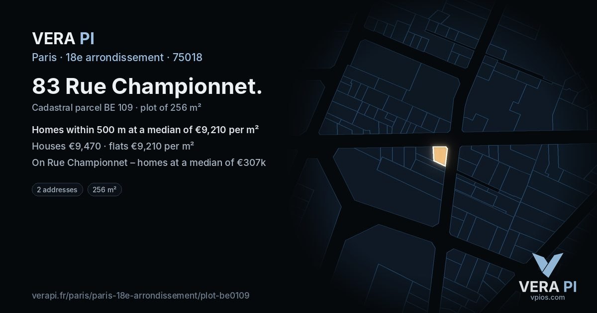 83 Rue Championnet, 18e arrondissement at night – the plot lit, the parcels around coloured by the prices near them