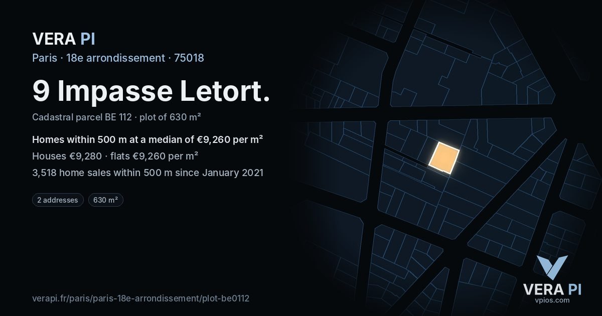 9 Impasse Letort, 18e arrondissement at night – the plot lit, the parcels around coloured by the prices near them