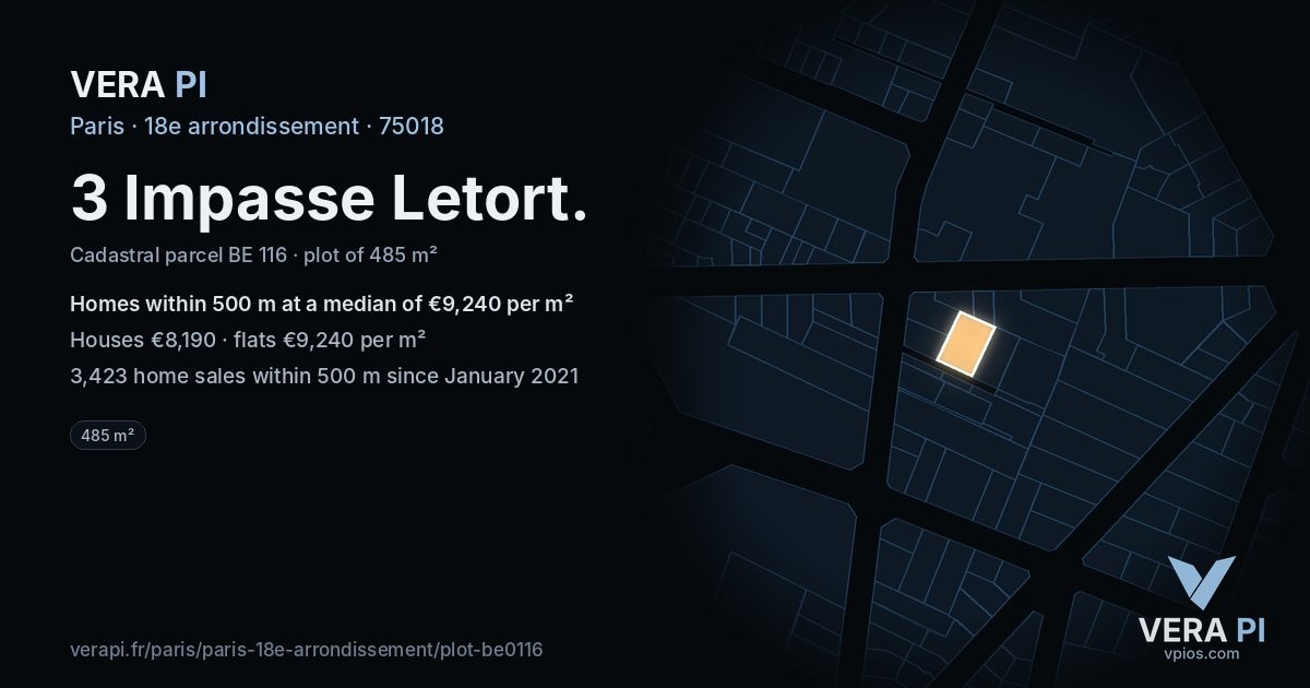 3 Impasse Letort, 18e arrondissement at night – the plot lit, the parcels around coloured by the prices near them