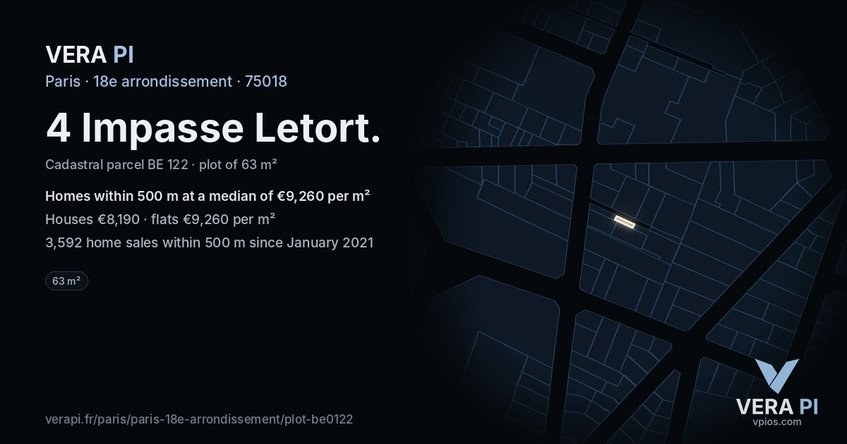 4 Impasse Letort, 18e arrondissement at night – the plot lit, the parcels around coloured by the prices near them