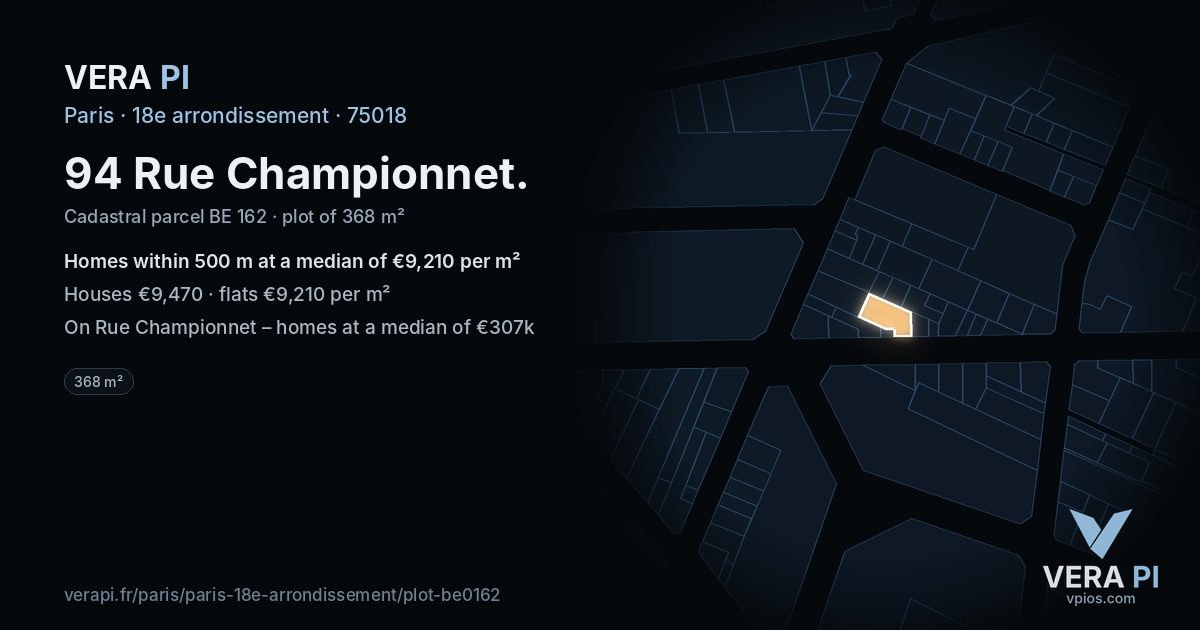 94 Rue Championnet, 18e arrondissement at night – the plot lit, the parcels around coloured by the prices near them