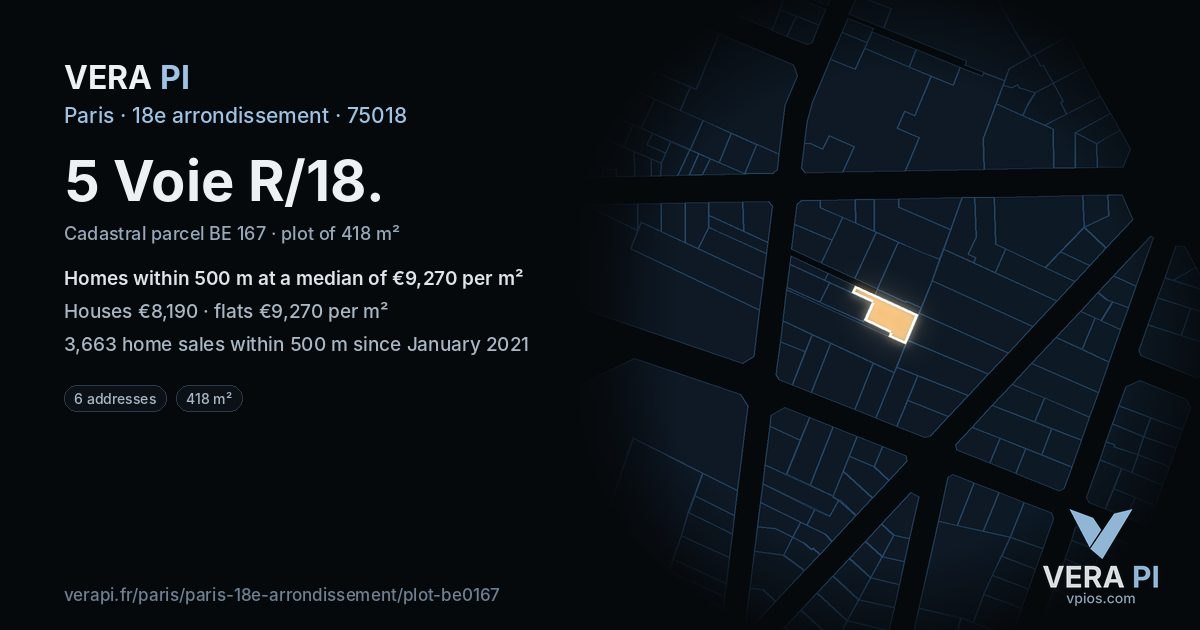 5 Voie R/18, 18e arrondissement at night – the plot lit, the parcels around coloured by the prices near them