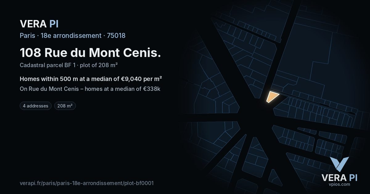 108 Rue du Mont Cenis, 18e arrondissement at night – the plot lit, the parcels around coloured by the prices near them