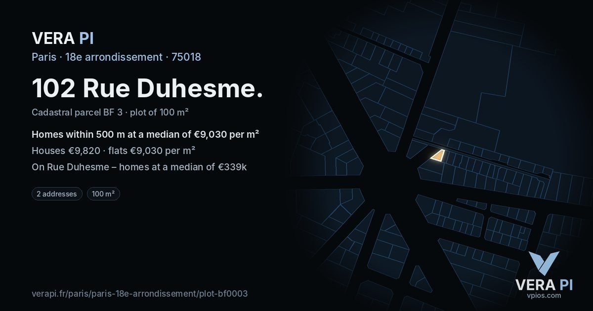 102 Rue Duhesme, 18e arrondissement at night – the plot lit, the parcels around coloured by the prices near them