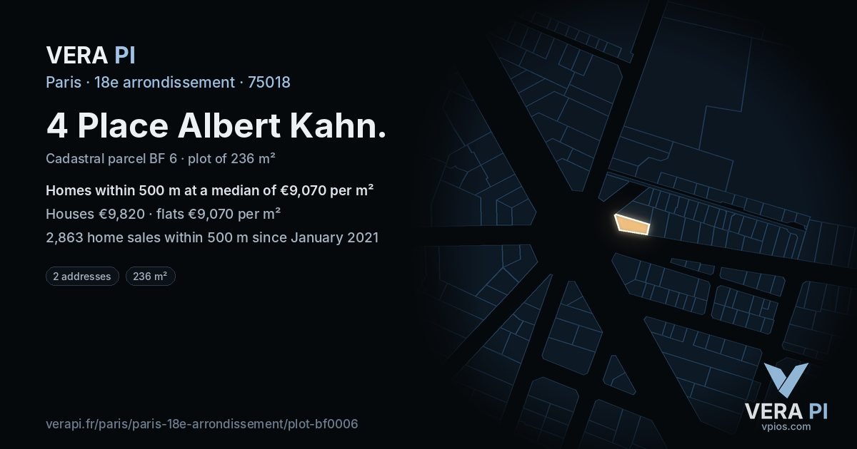 4 Place Albert Kahn, 18e arrondissement at night – the plot lit, the parcels around coloured by the prices near them