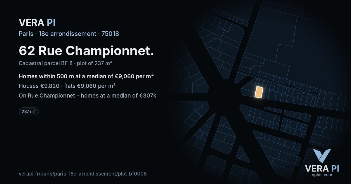 62 Rue Championnet, 18e arrondissement at night – the plot lit, the parcels around coloured by the prices near them