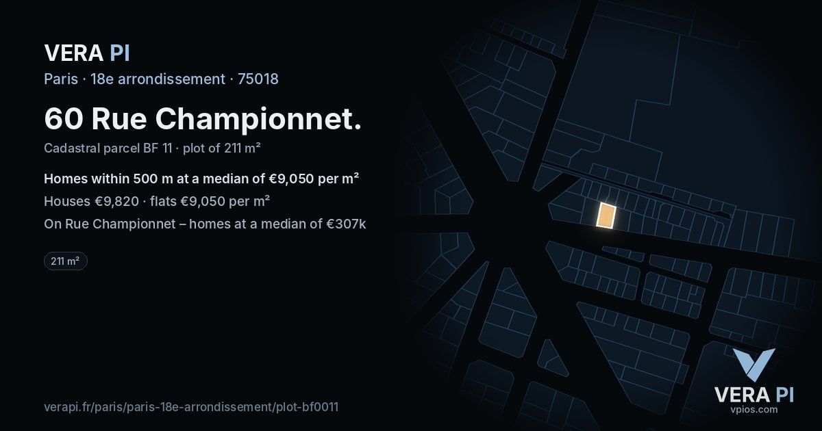60 Rue Championnet, 18e arrondissement at night – the plot lit, the parcels around coloured by the prices near them