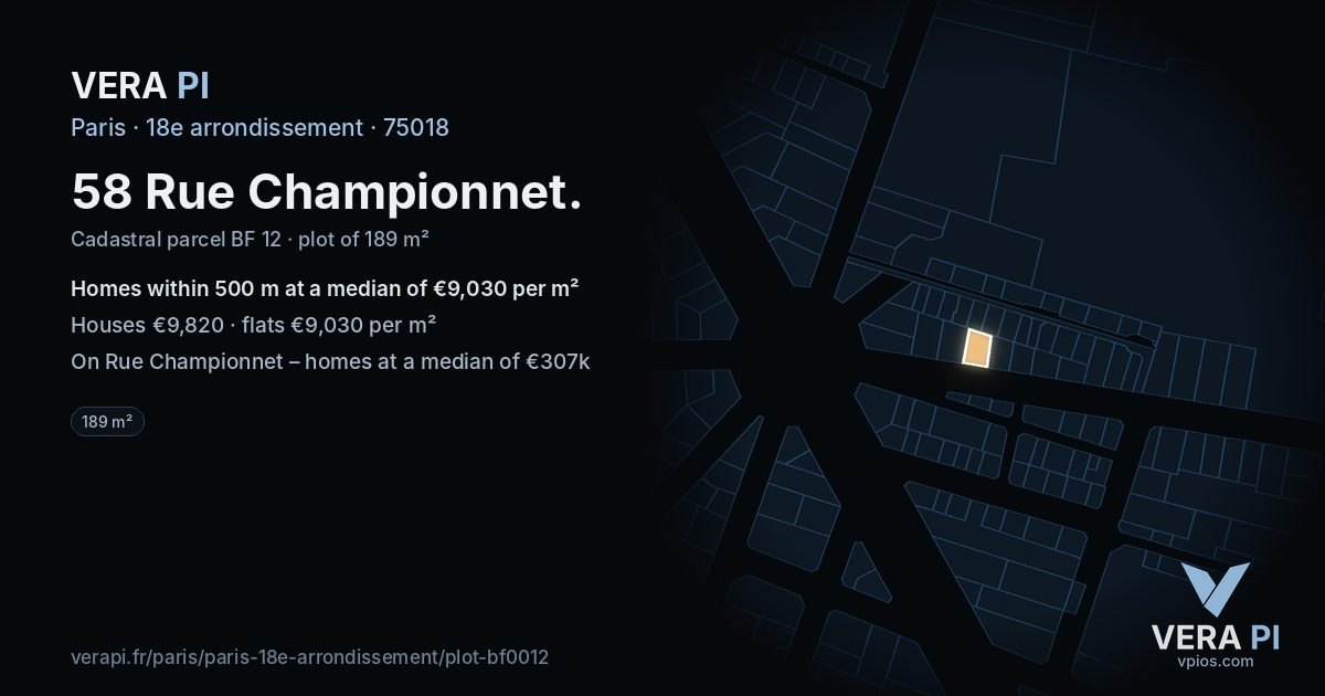 58 Rue Championnet, 18e arrondissement at night – the plot lit, the parcels around coloured by the prices near them