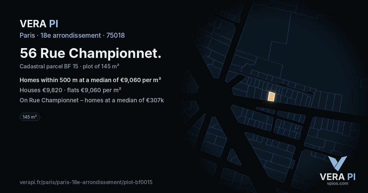 56 Rue Championnet, 18e arrondissement at night – the plot lit, the parcels around coloured by the prices near them