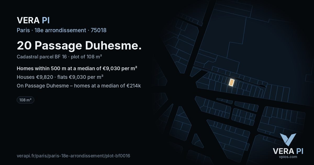 20 Passage Duhesme, 18e arrondissement at night – the plot lit, the parcels around coloured by the prices near them
